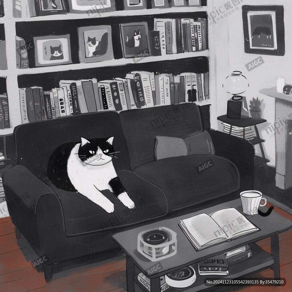 猫咪黑白风插画