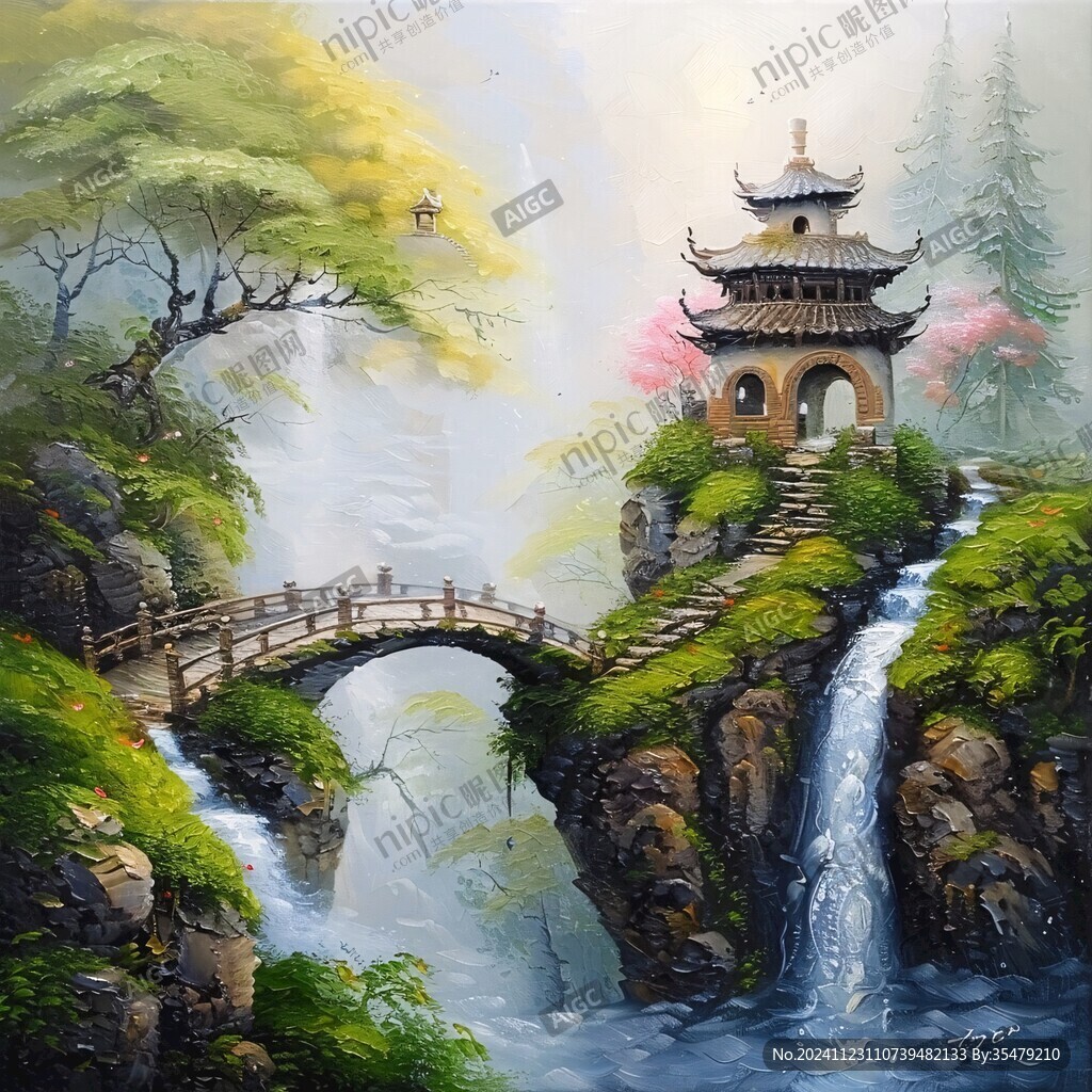 古风亭台楼阁油画