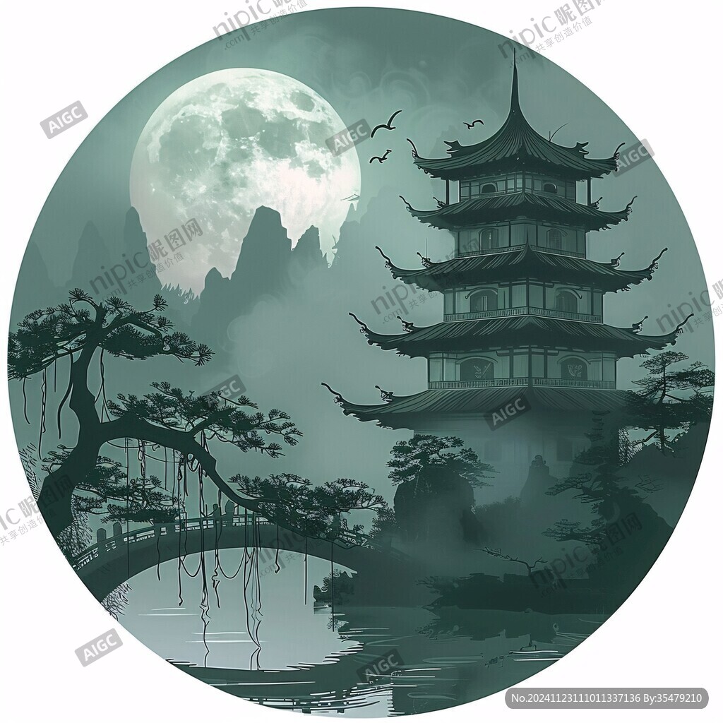 虎溪夜月景点插画