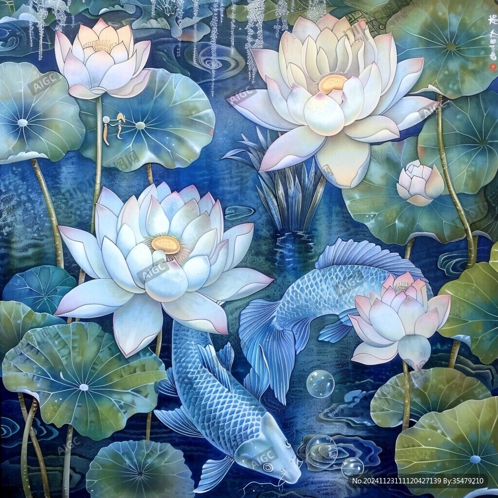 工笔荷花锦鲤