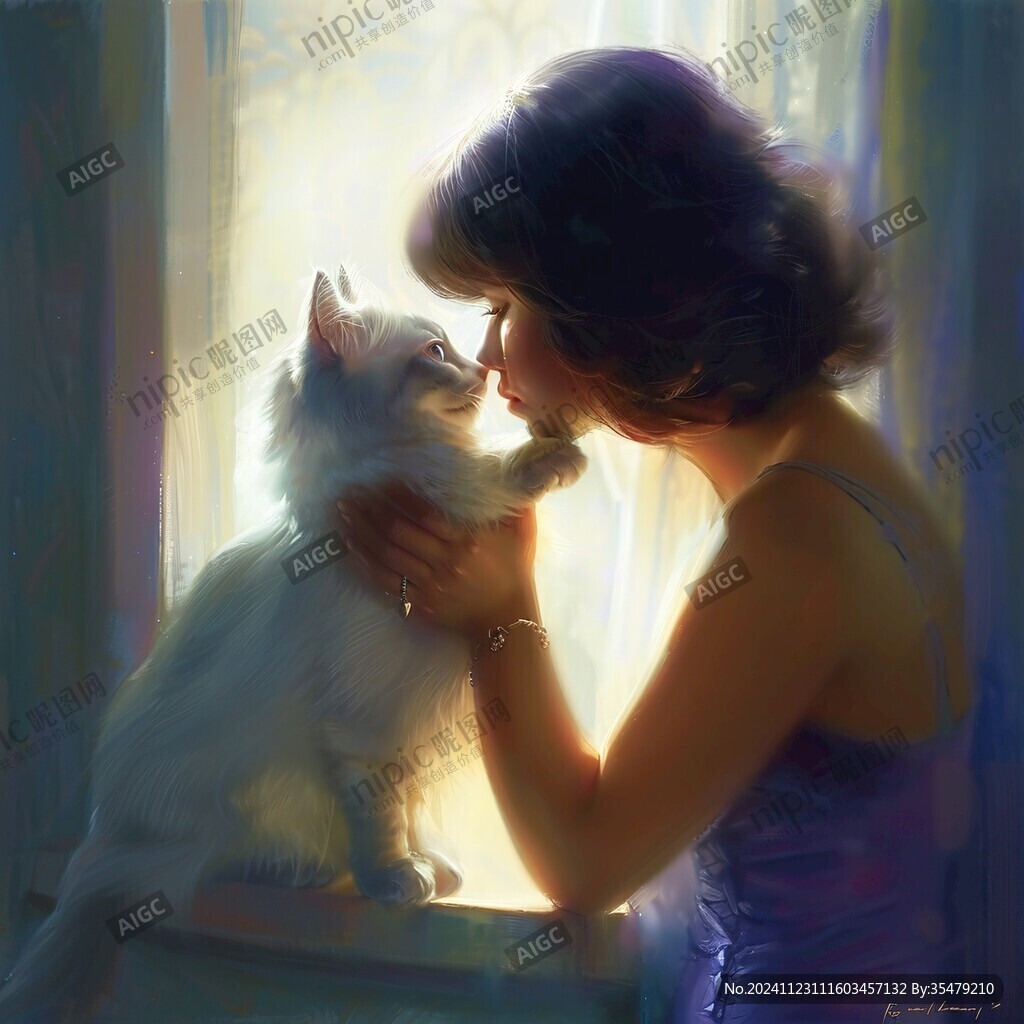 抱猫美女猫插画