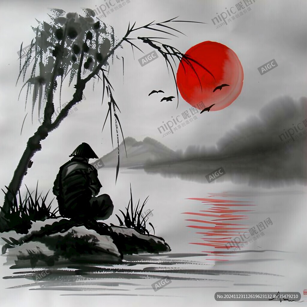 写生日出水墨画