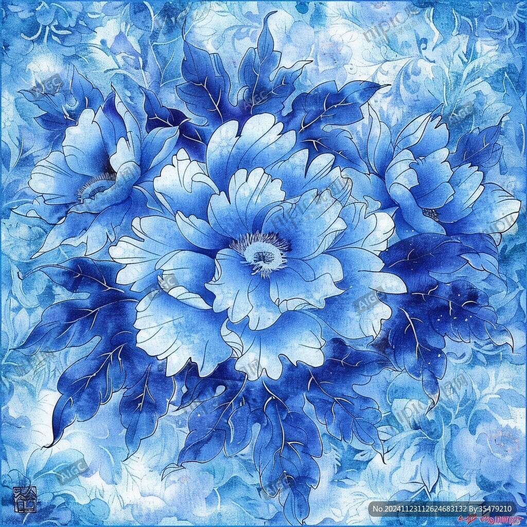 蓝色唯美牡丹装饰画