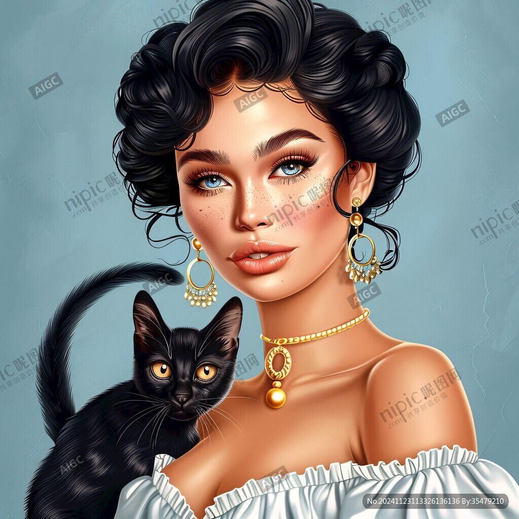 抱猫美女猫插画