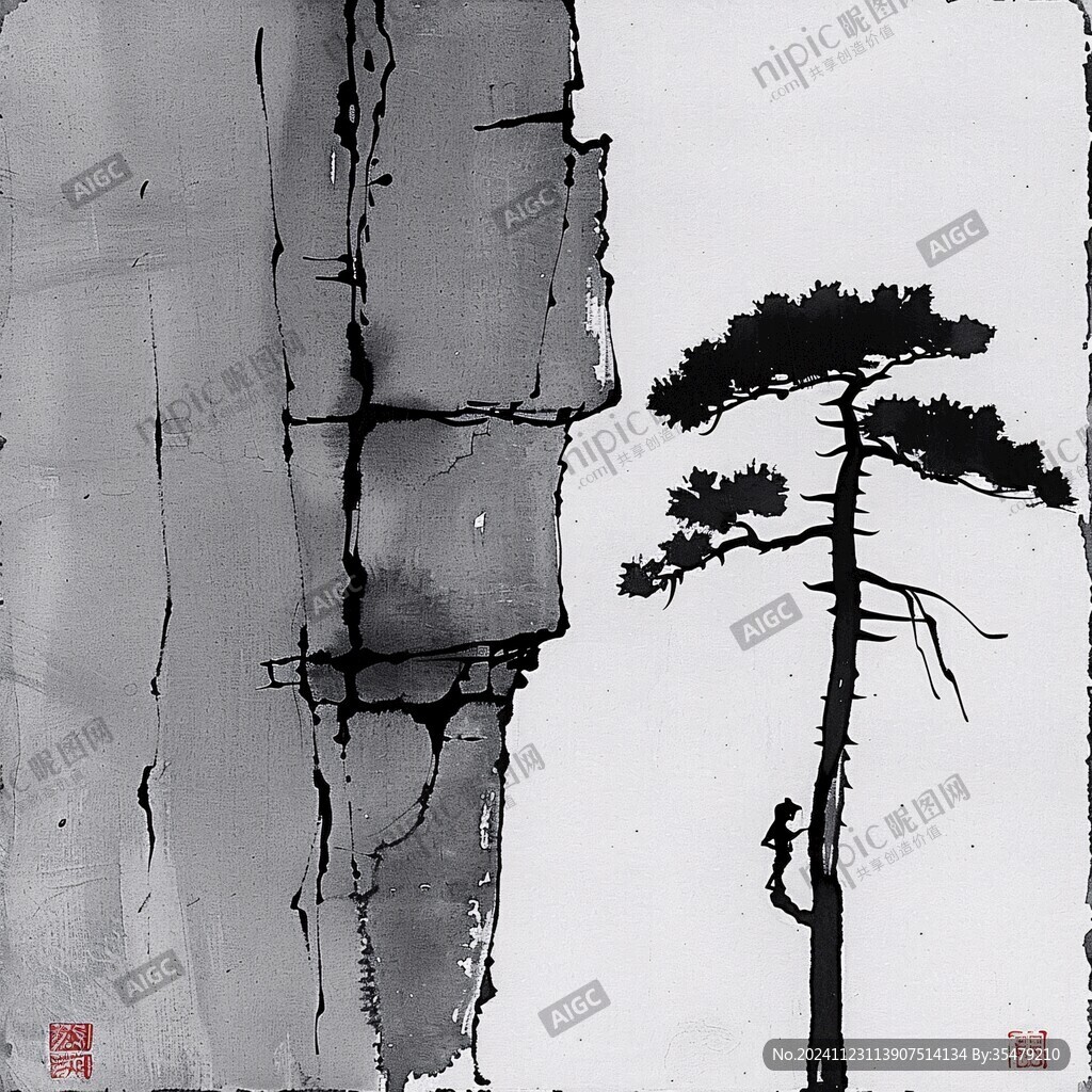 水墨松树干