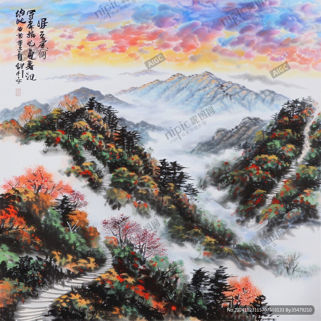 白云红树图