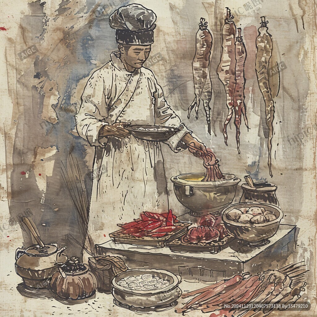 魏晋彩绘烹肉图