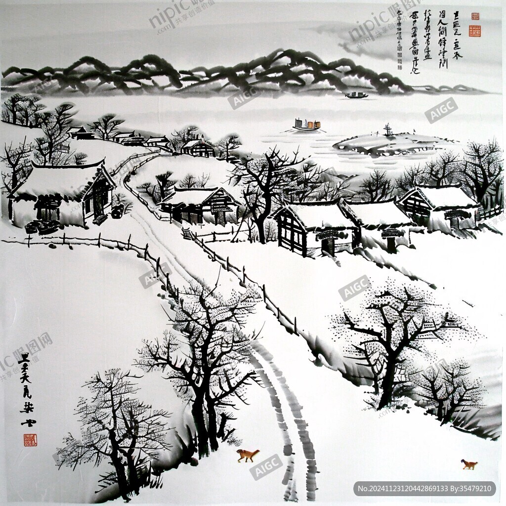 手绘山村雪景图