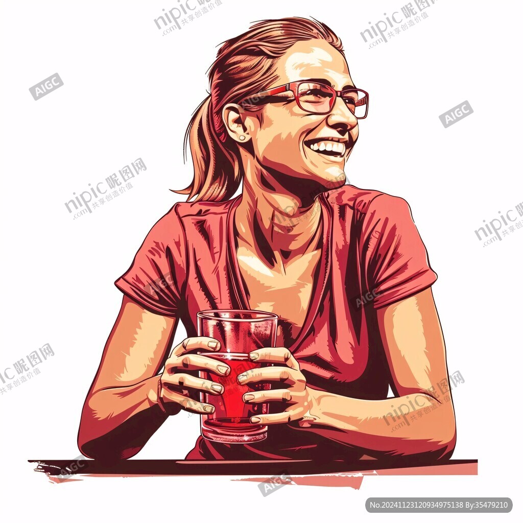 手绘喝饮料美女