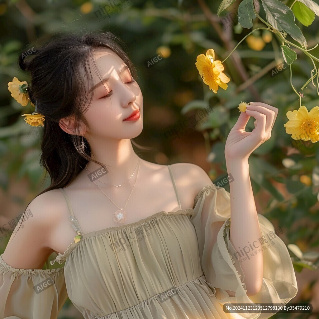 郁郁葱葱黄衣女孩