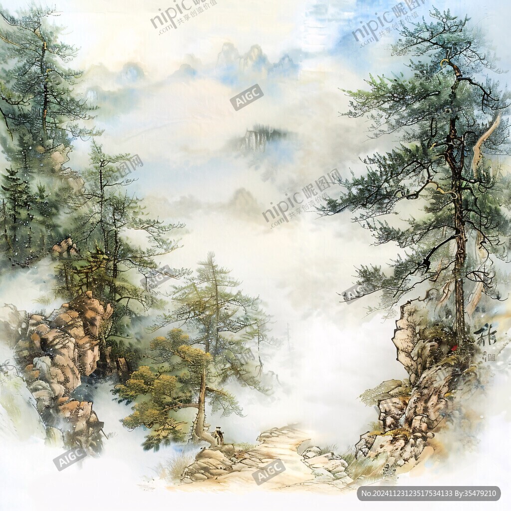 手绘风景画烟雾山水画