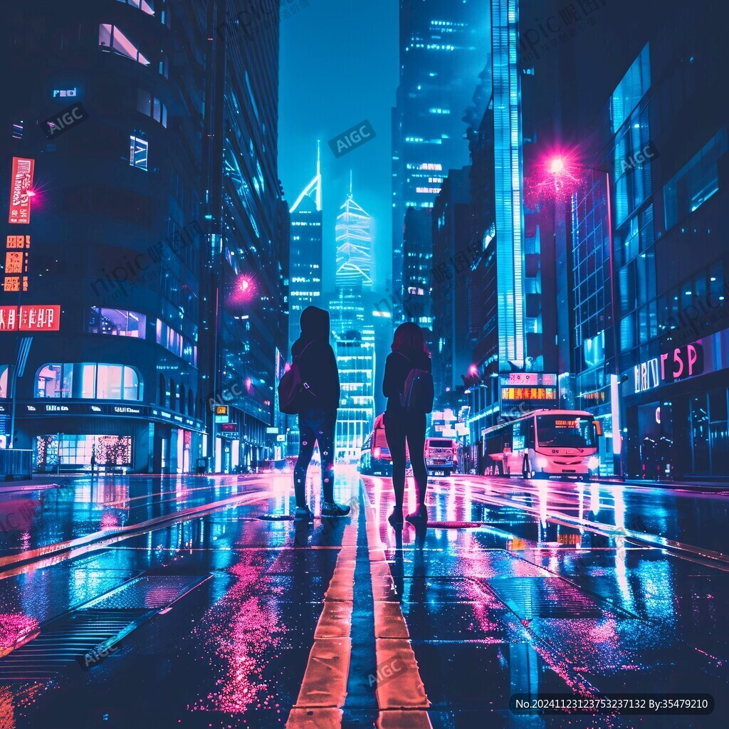 夜幕下散步的行人