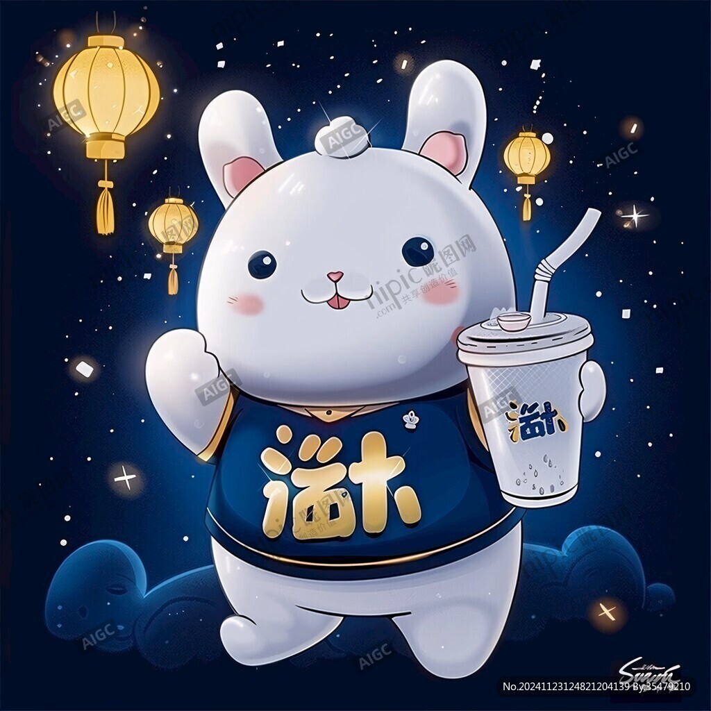 兔年喝奶茶素材