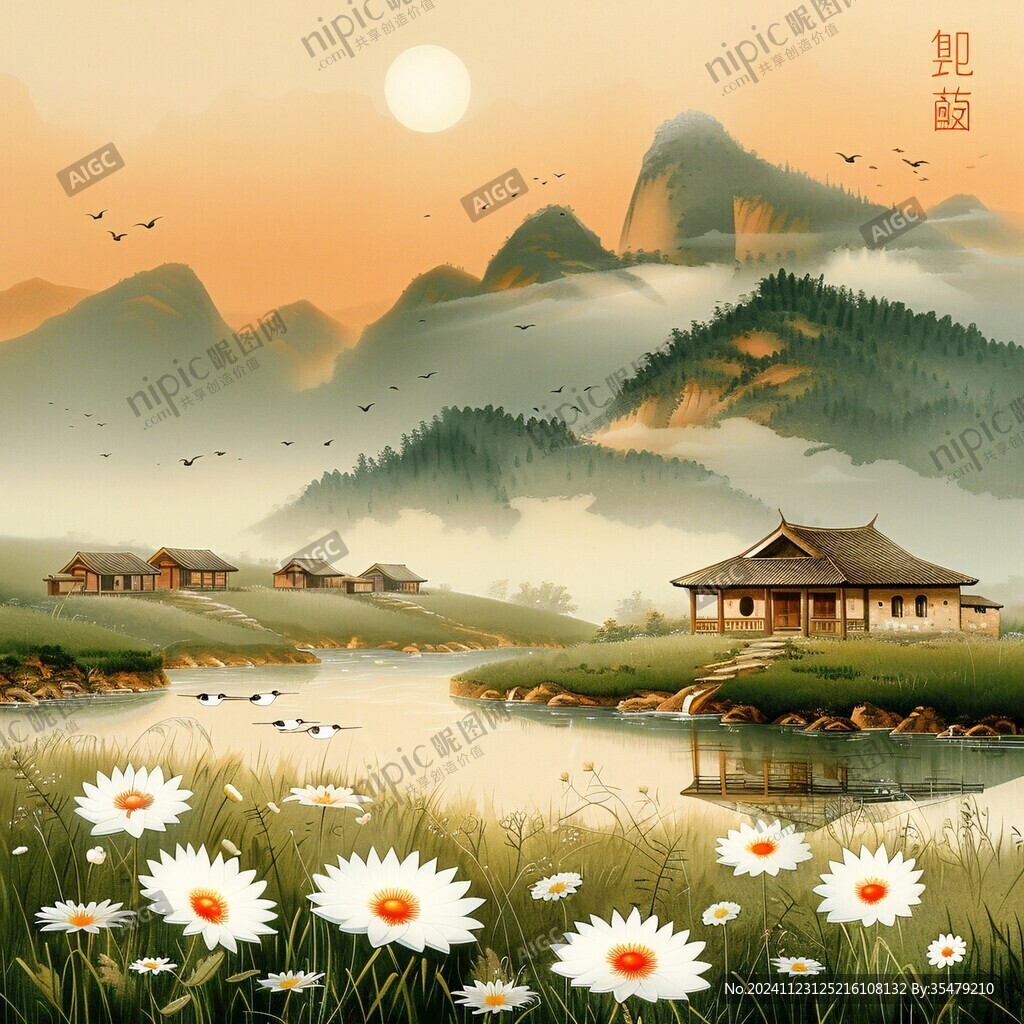 中式山水日出