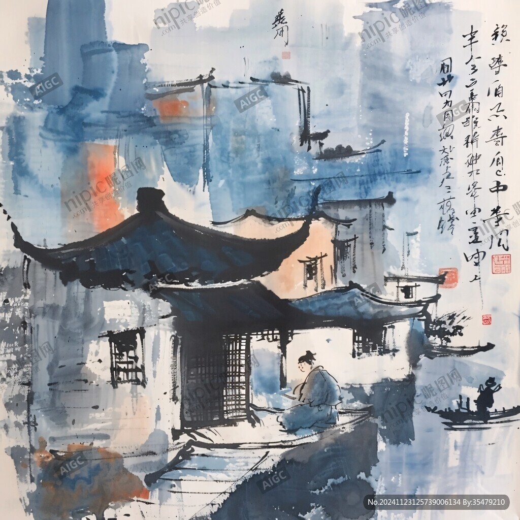 乌镇彩绘山水水墨画