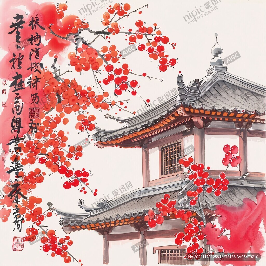 手绘阁楼皇宫梅花插画