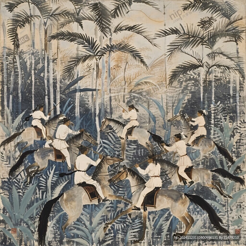 巨幅长卷竹鸟印花图