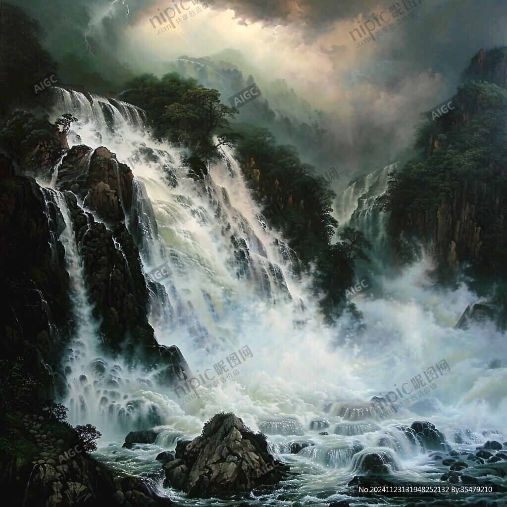 山水风景油画瀑布