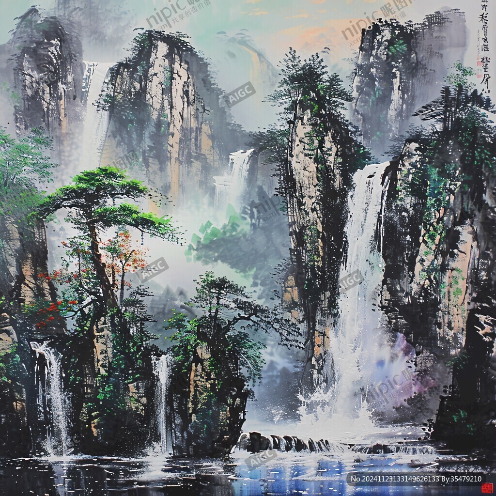 瀑布图山水画