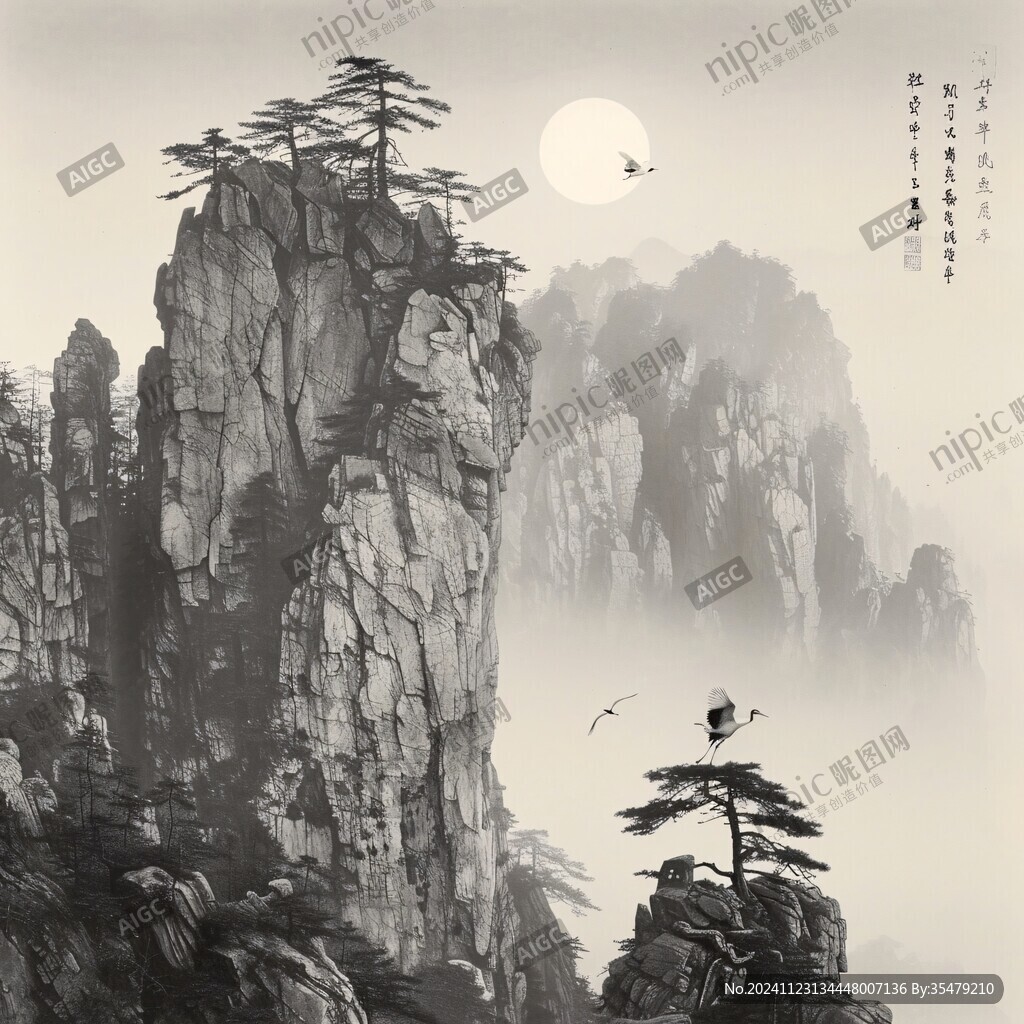 迎客松禅意水墨画