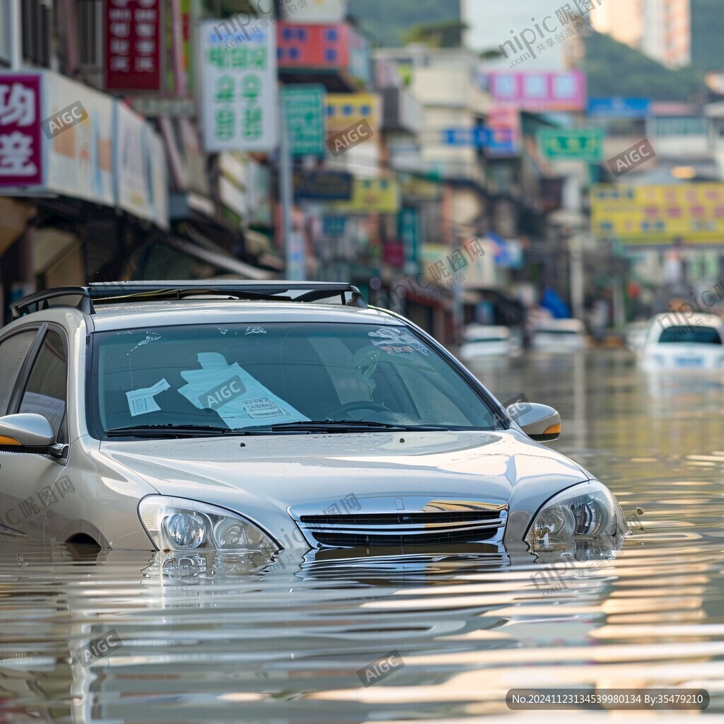 一辆汽车通过积水路