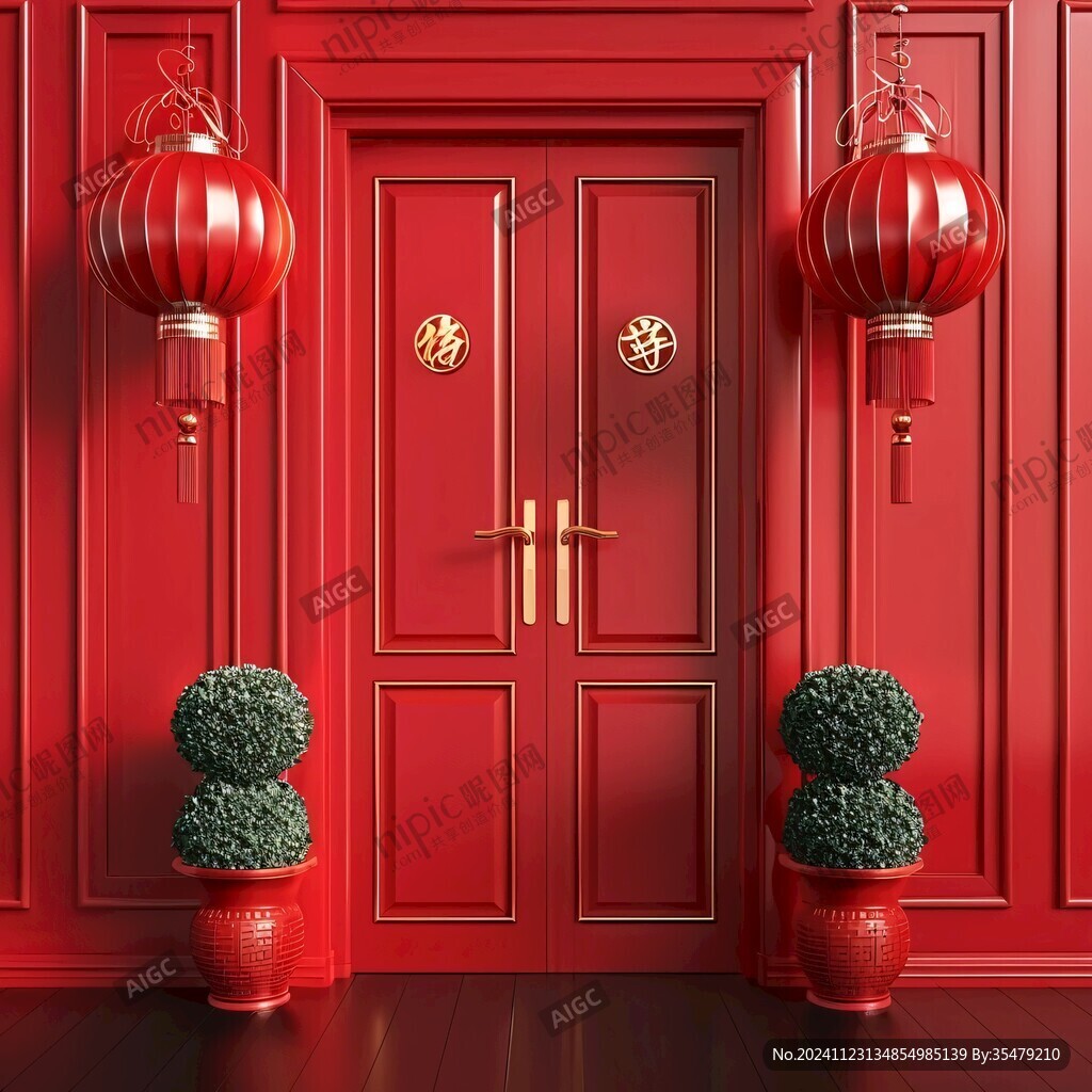 中式大门挂红灯笼