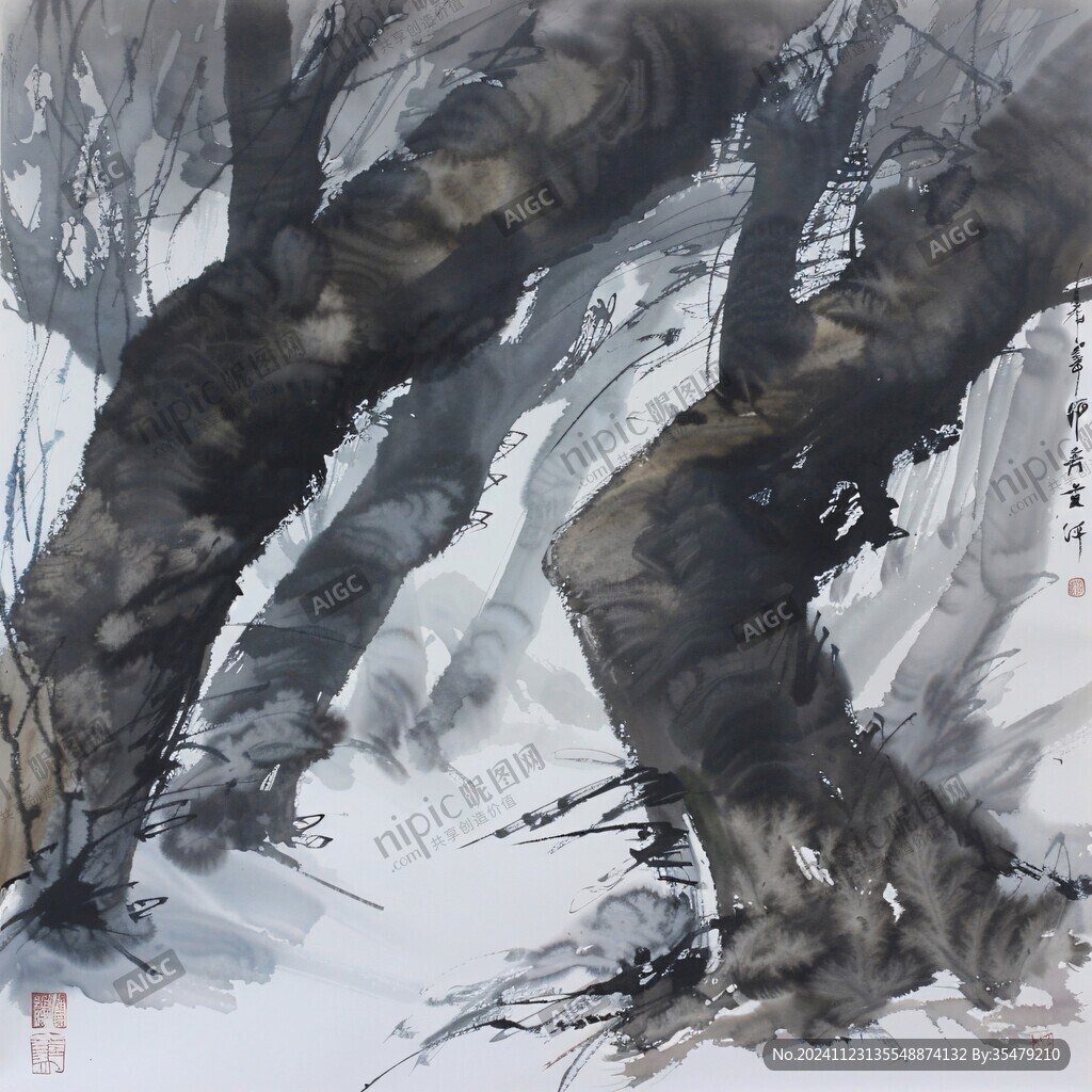 水墨松树干