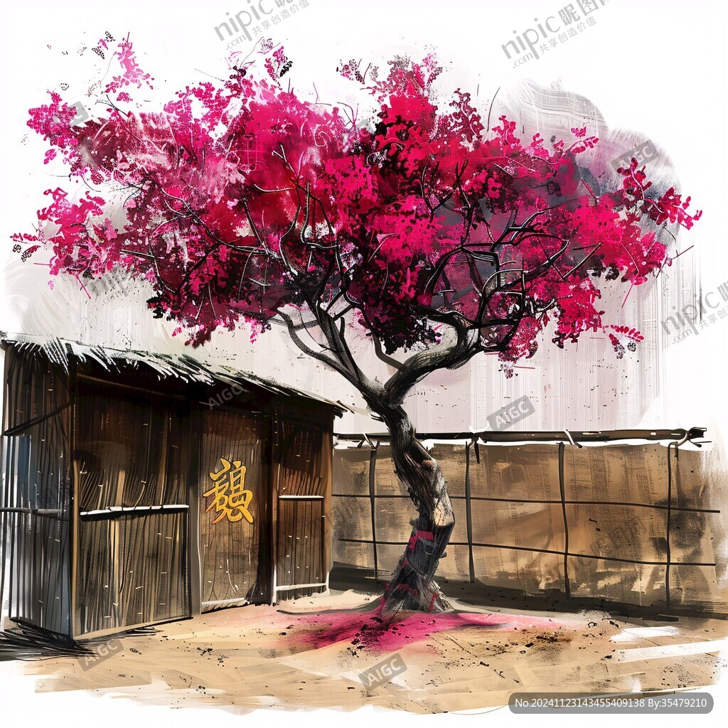 水彩桃花桃树
