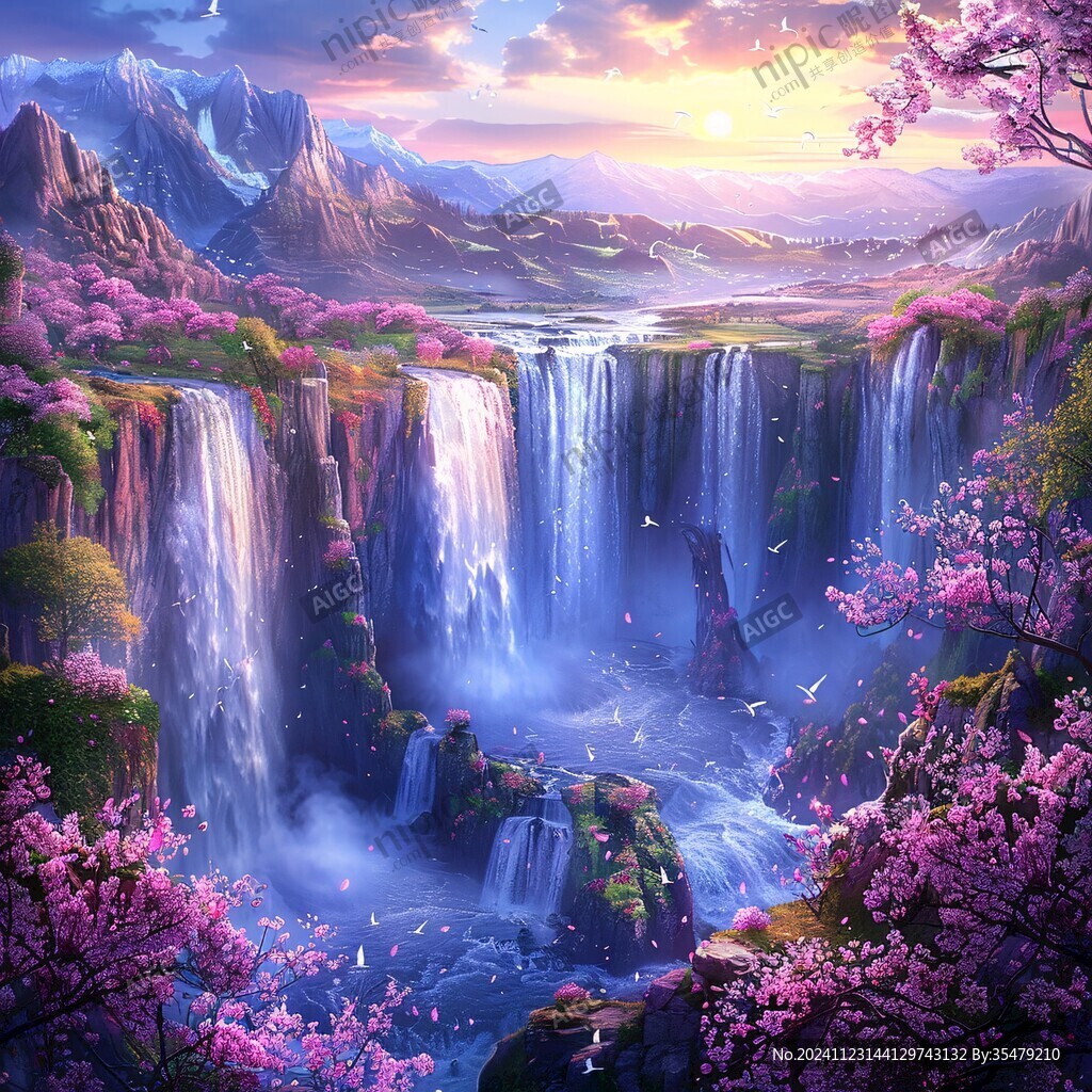 山水风景油画瀑布