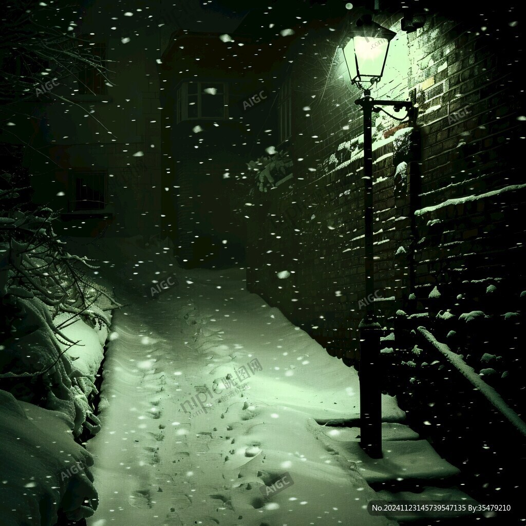 雪中幽暗的街灯