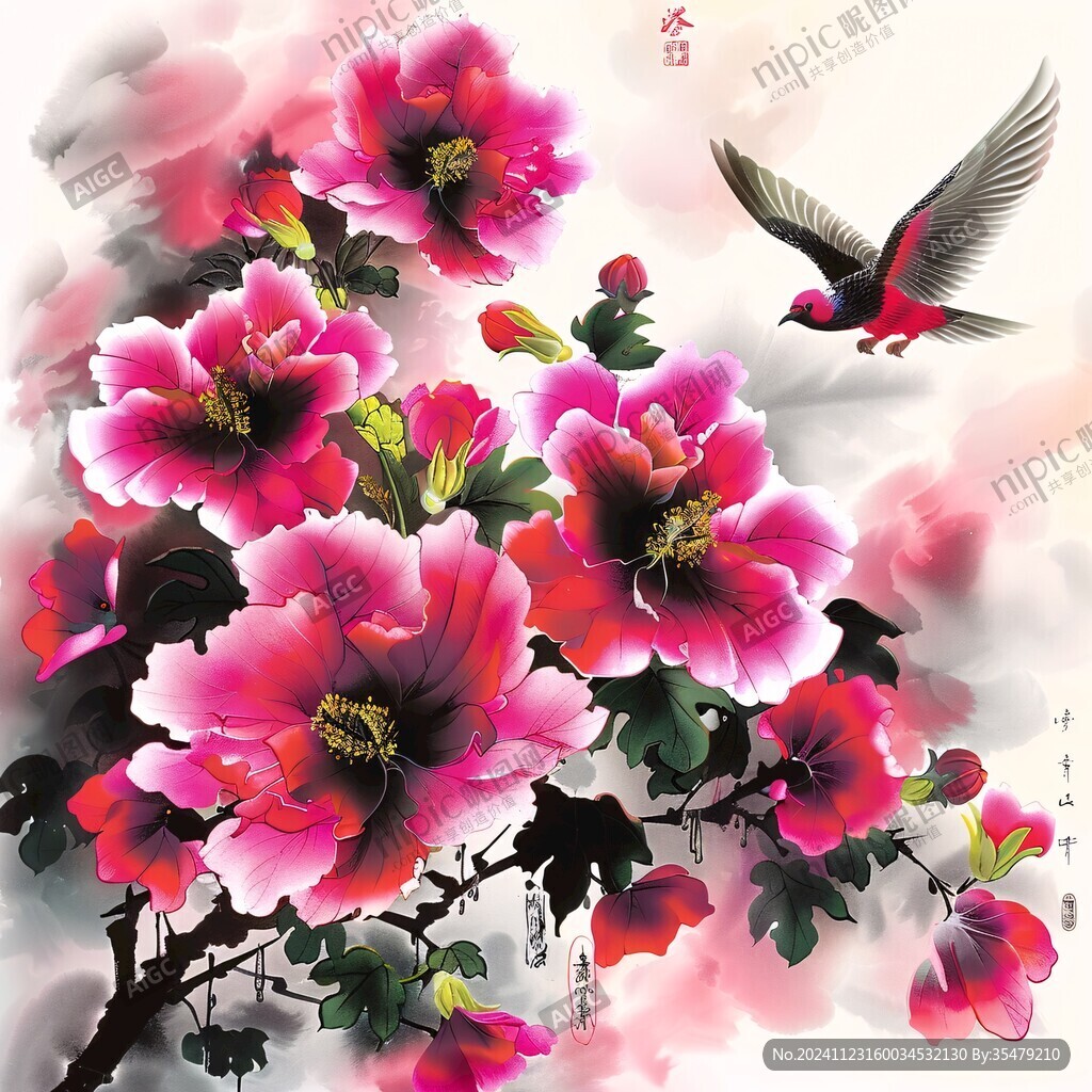 牡丹花鸟山水画