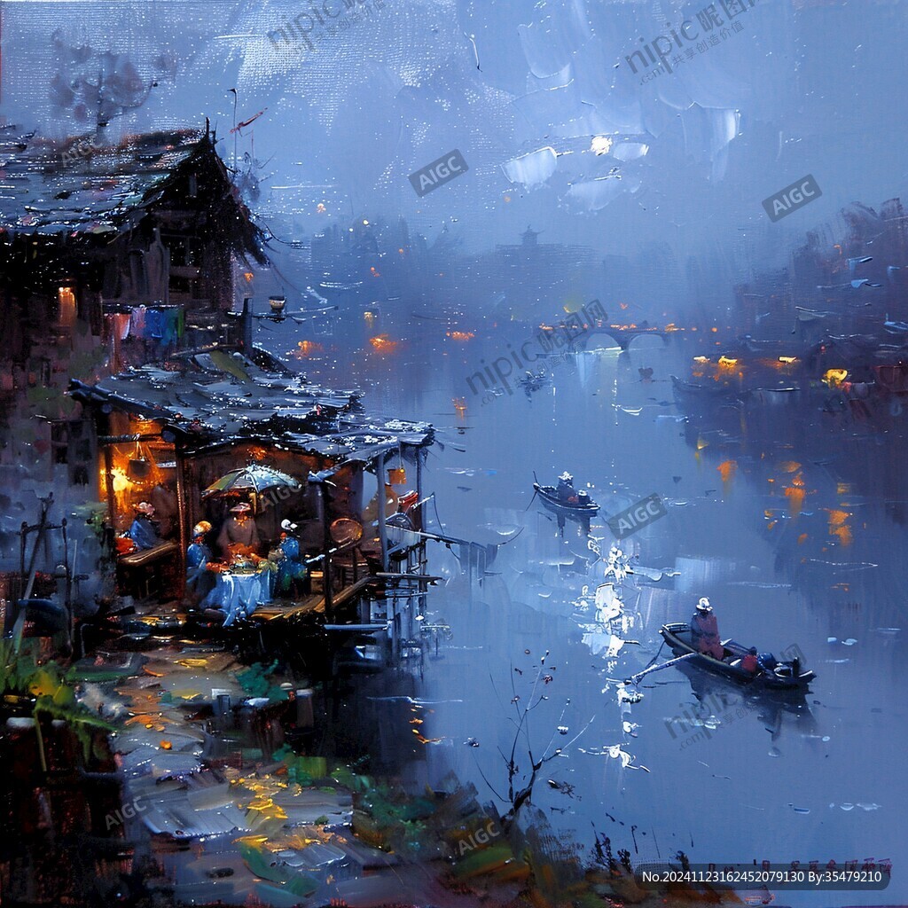江南古镇油画效果