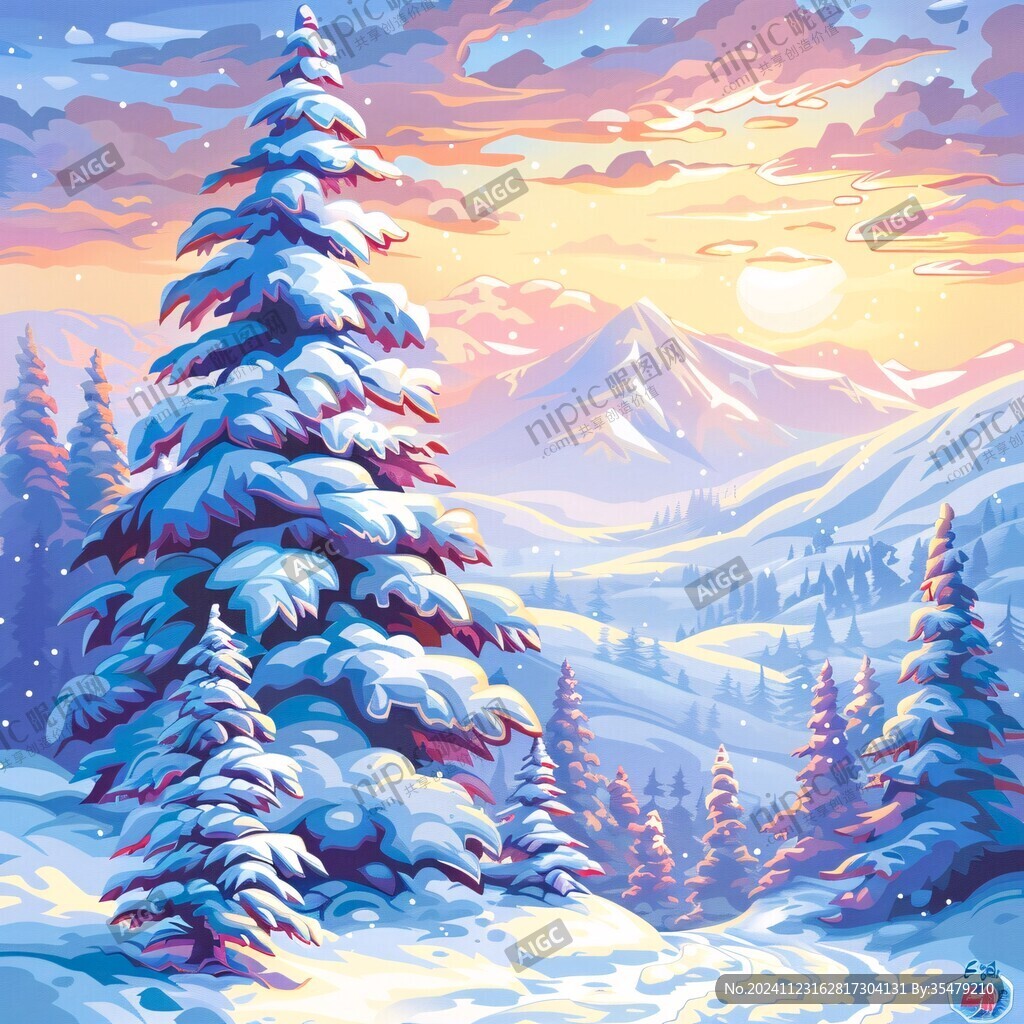 雪松雪景雪山插画