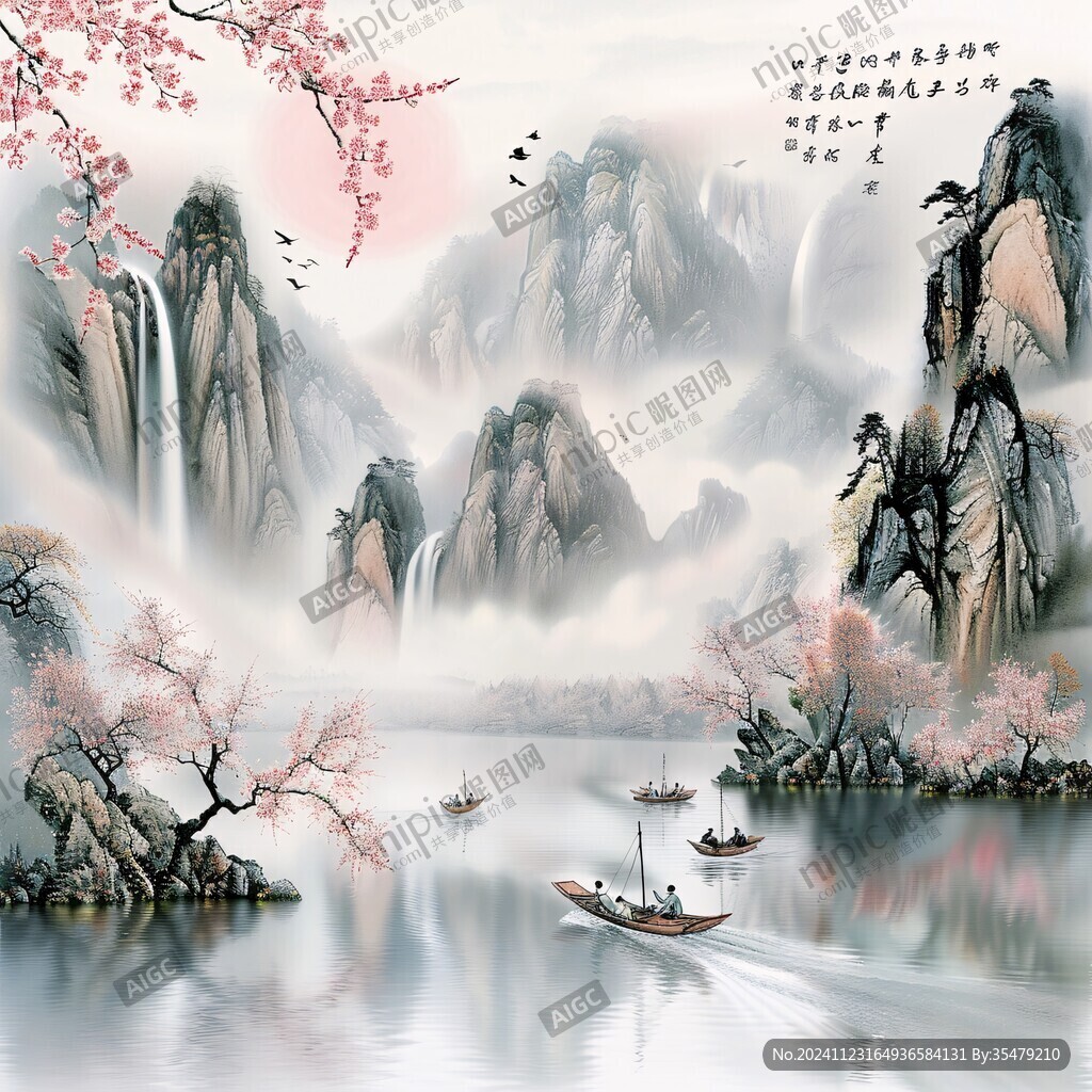 舟河流山峰背景墙