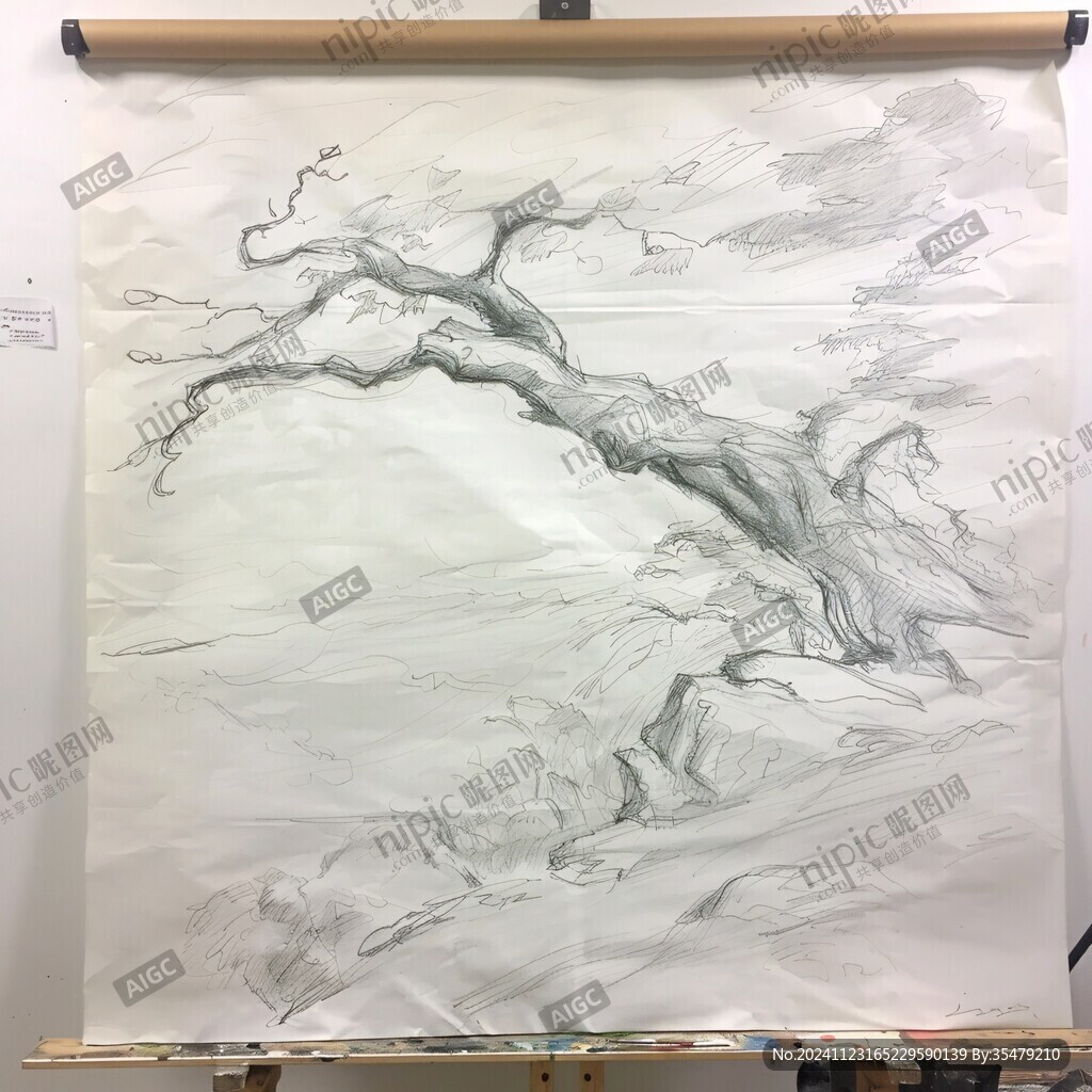 手绘工笔画古柏