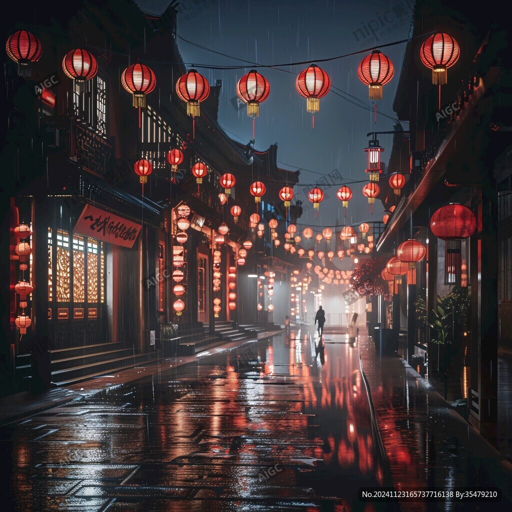 古镇雨天夜景