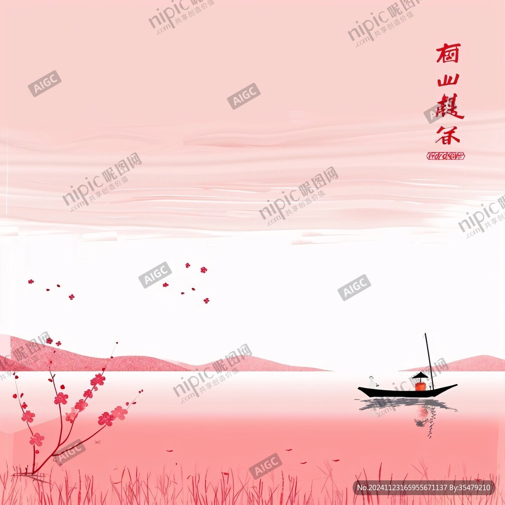 红色小舟水墨画