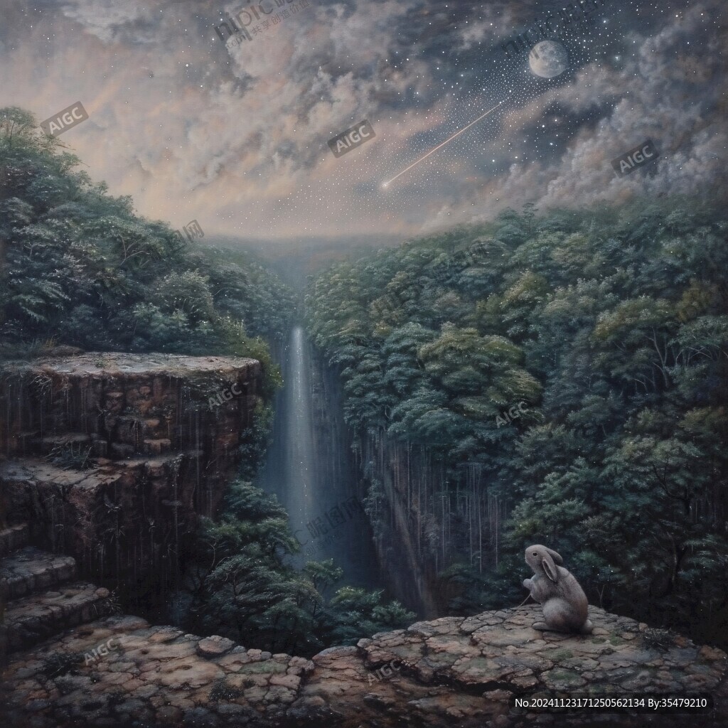 山水风景油画瀑布