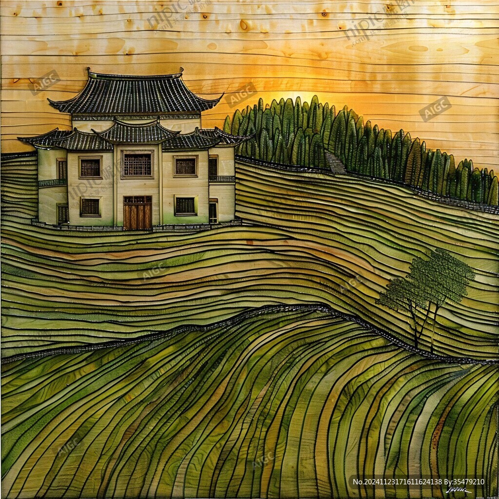 木刻彩色风景画
