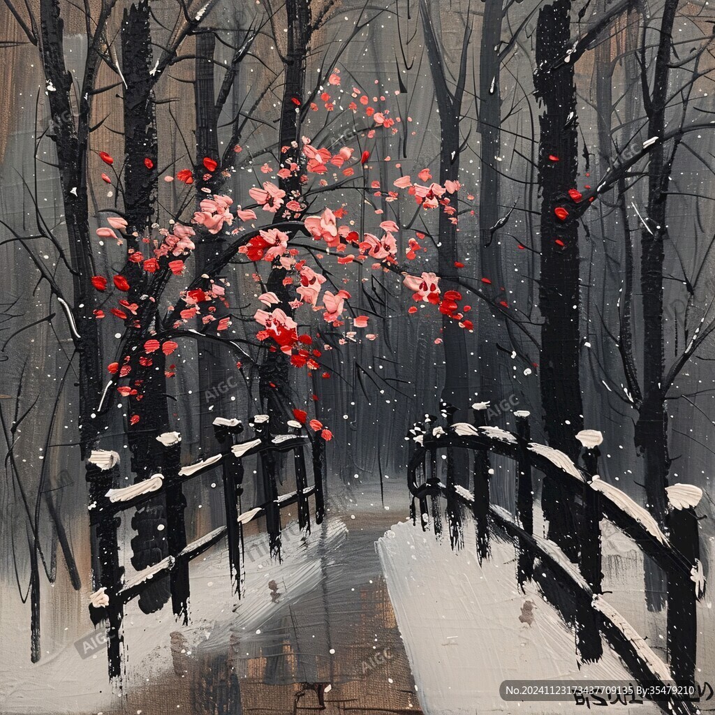 手绘雪夜风景无框画