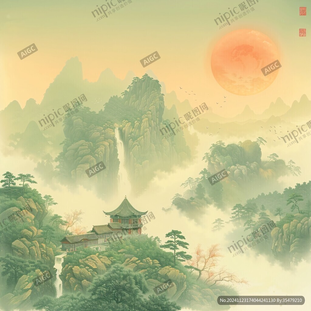 旭日东升楼阁山水画