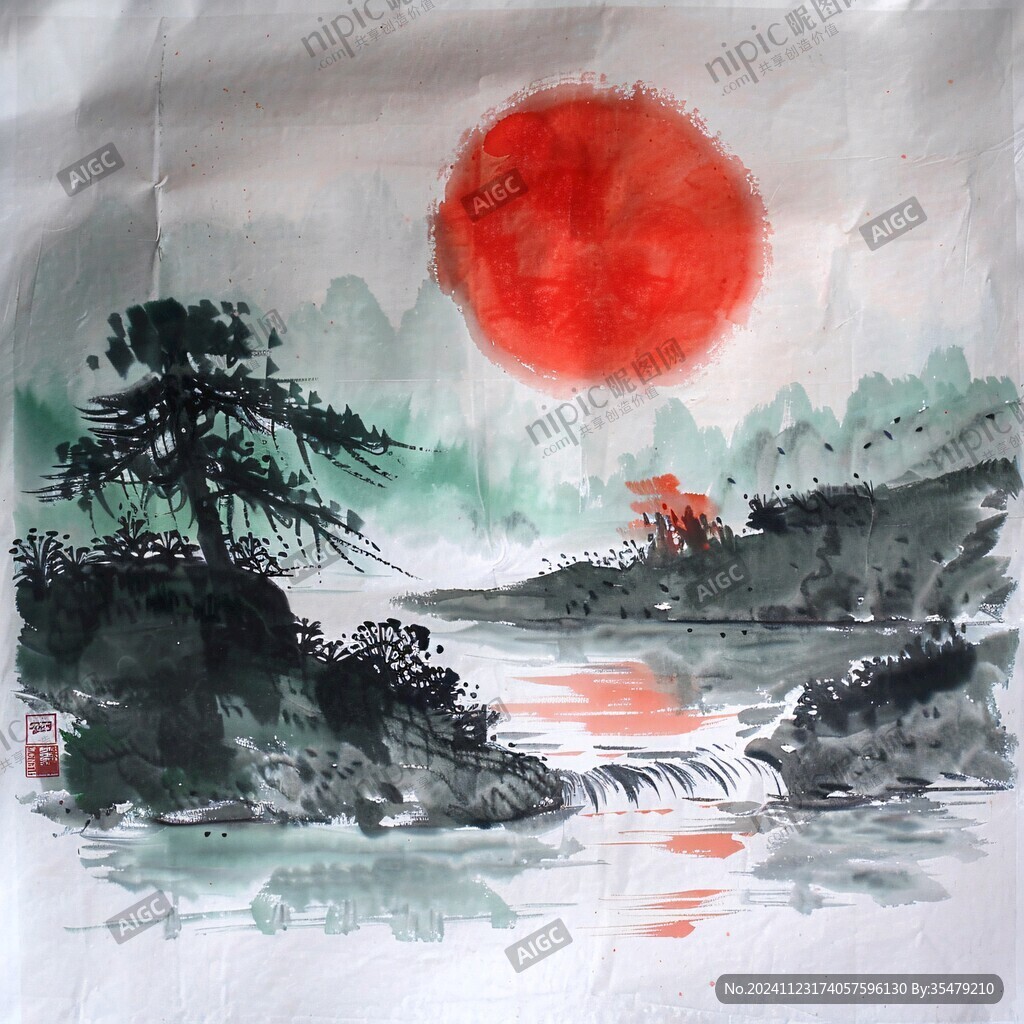 红日东升水墨画