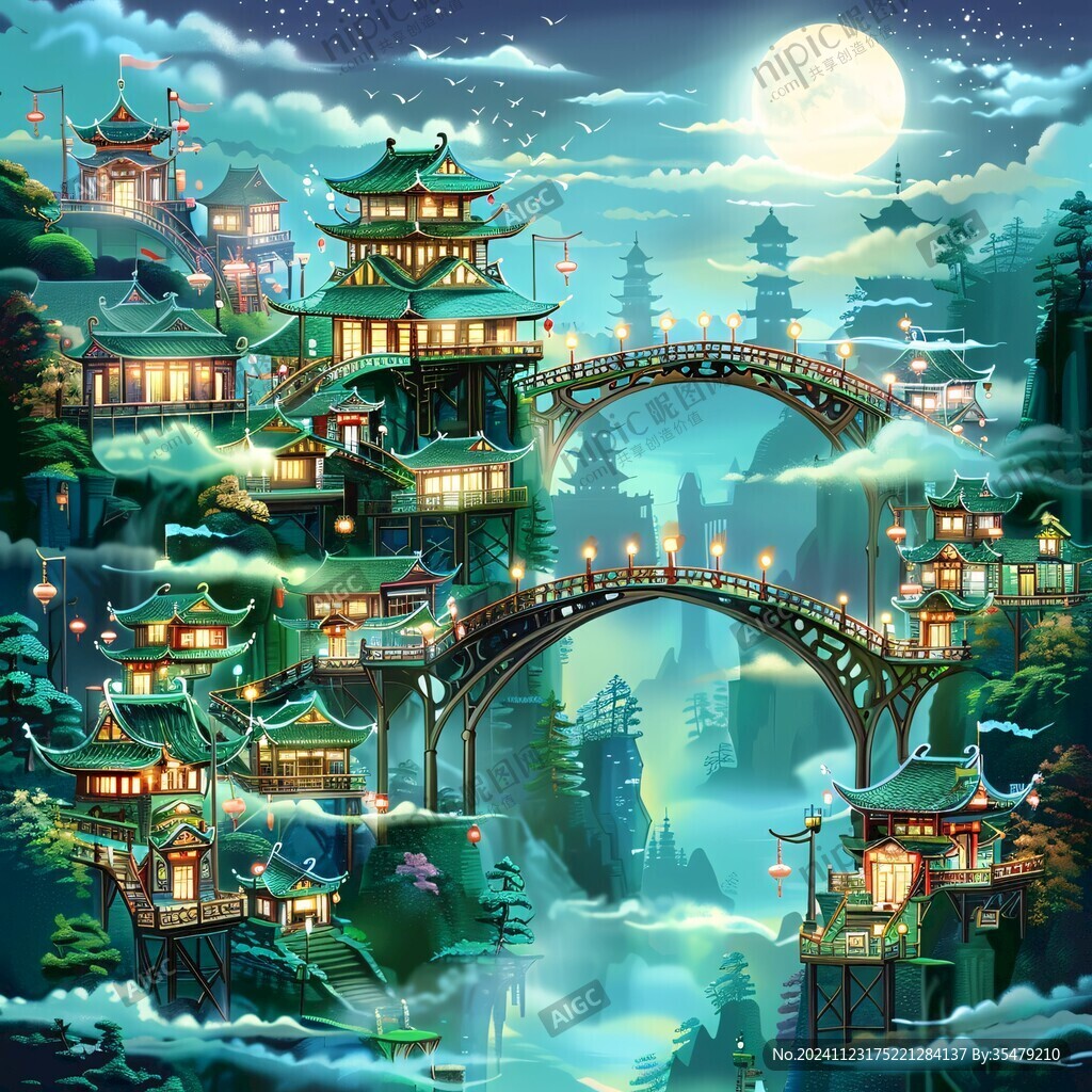 玄幻古镇夜景