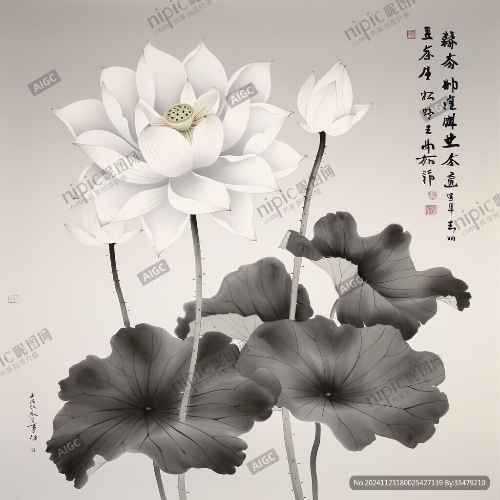 白色荷花壁画
