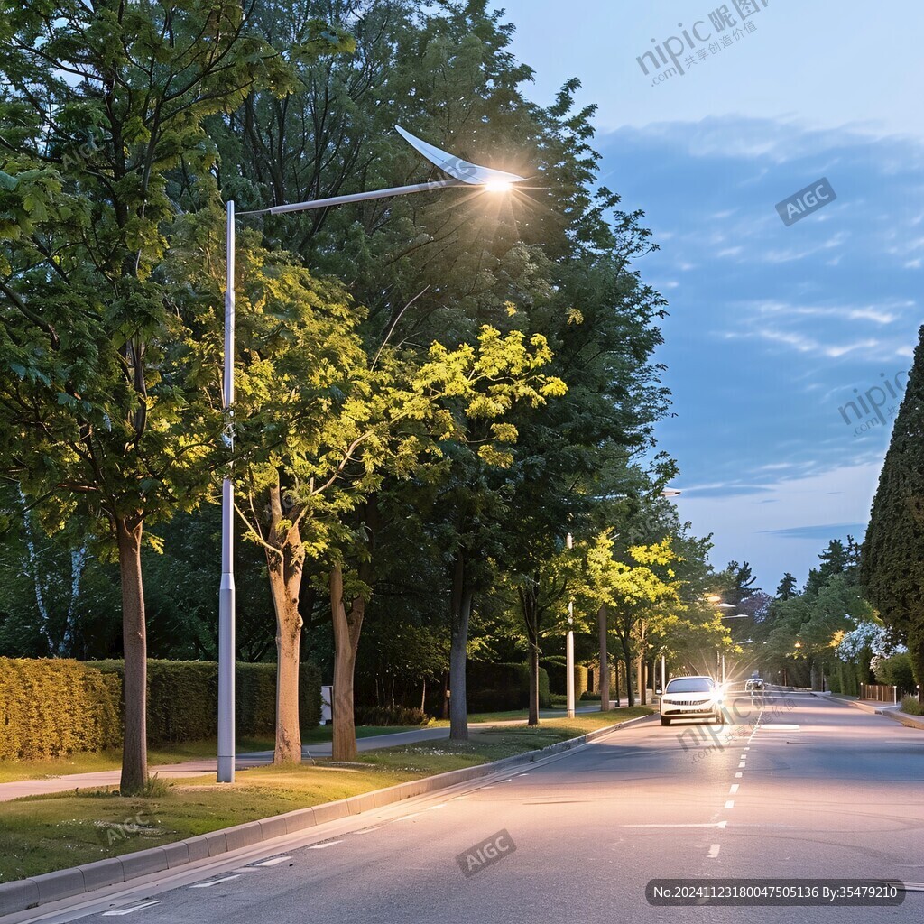 宽敞道路路灯绿化带