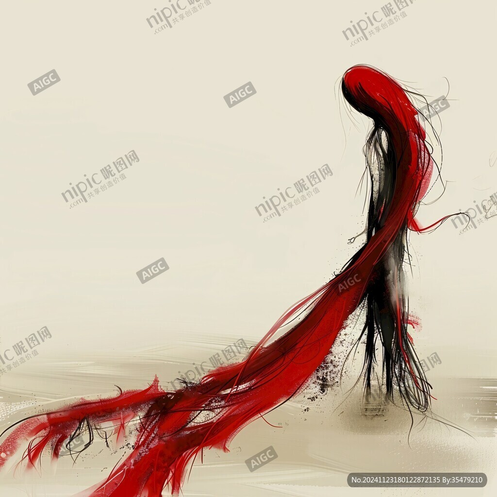 水墨烟雾红丝带