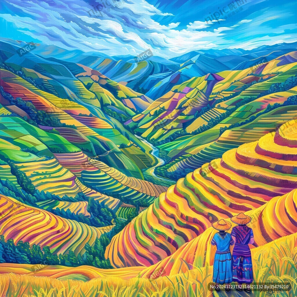 水稻梯田插画