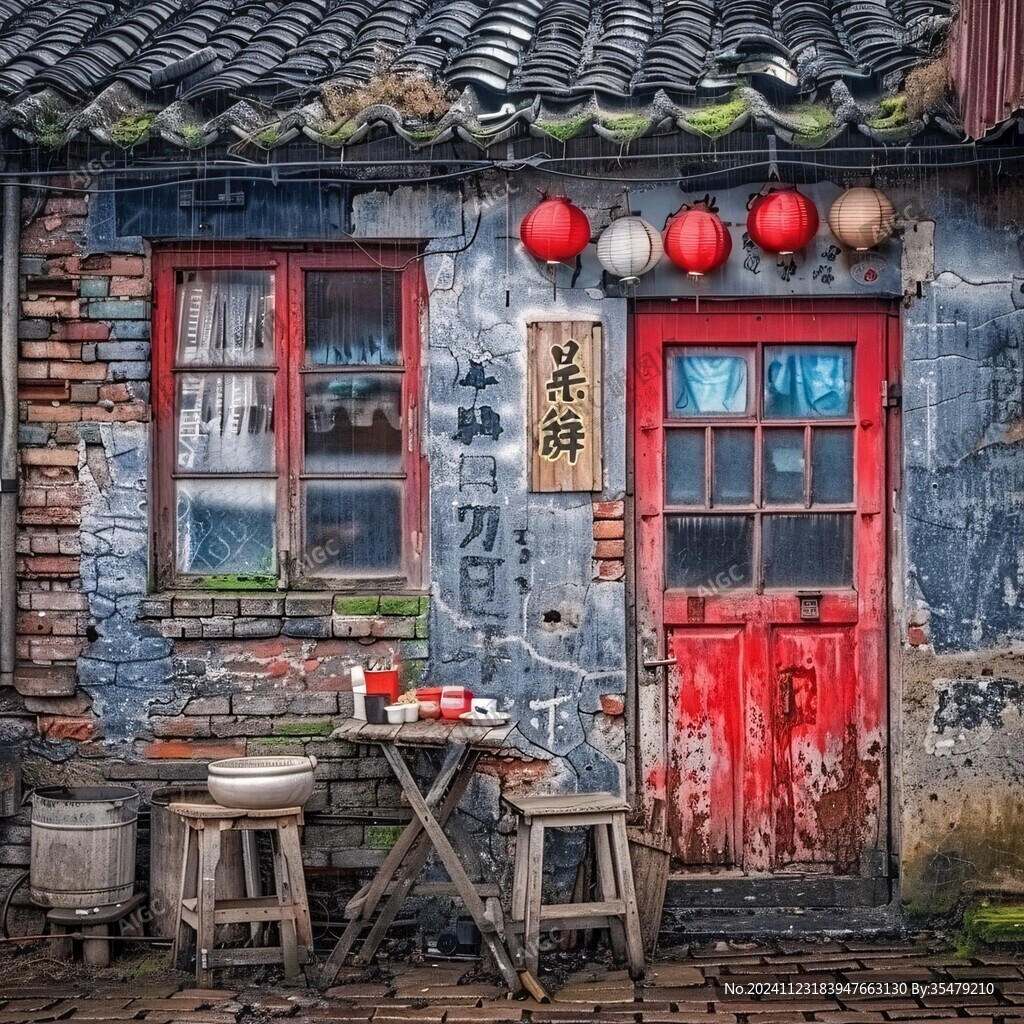青砖墙油纸伞