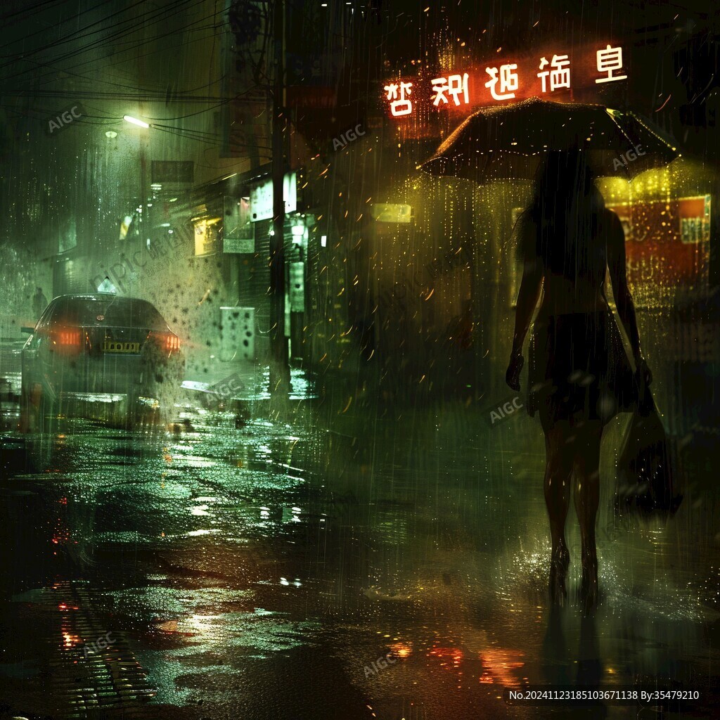 夜雨赶路的女人