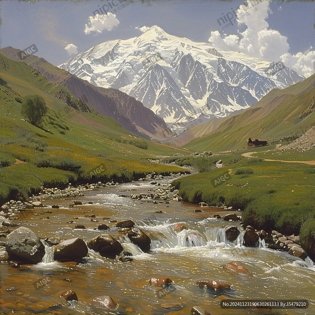 雪山河流油画